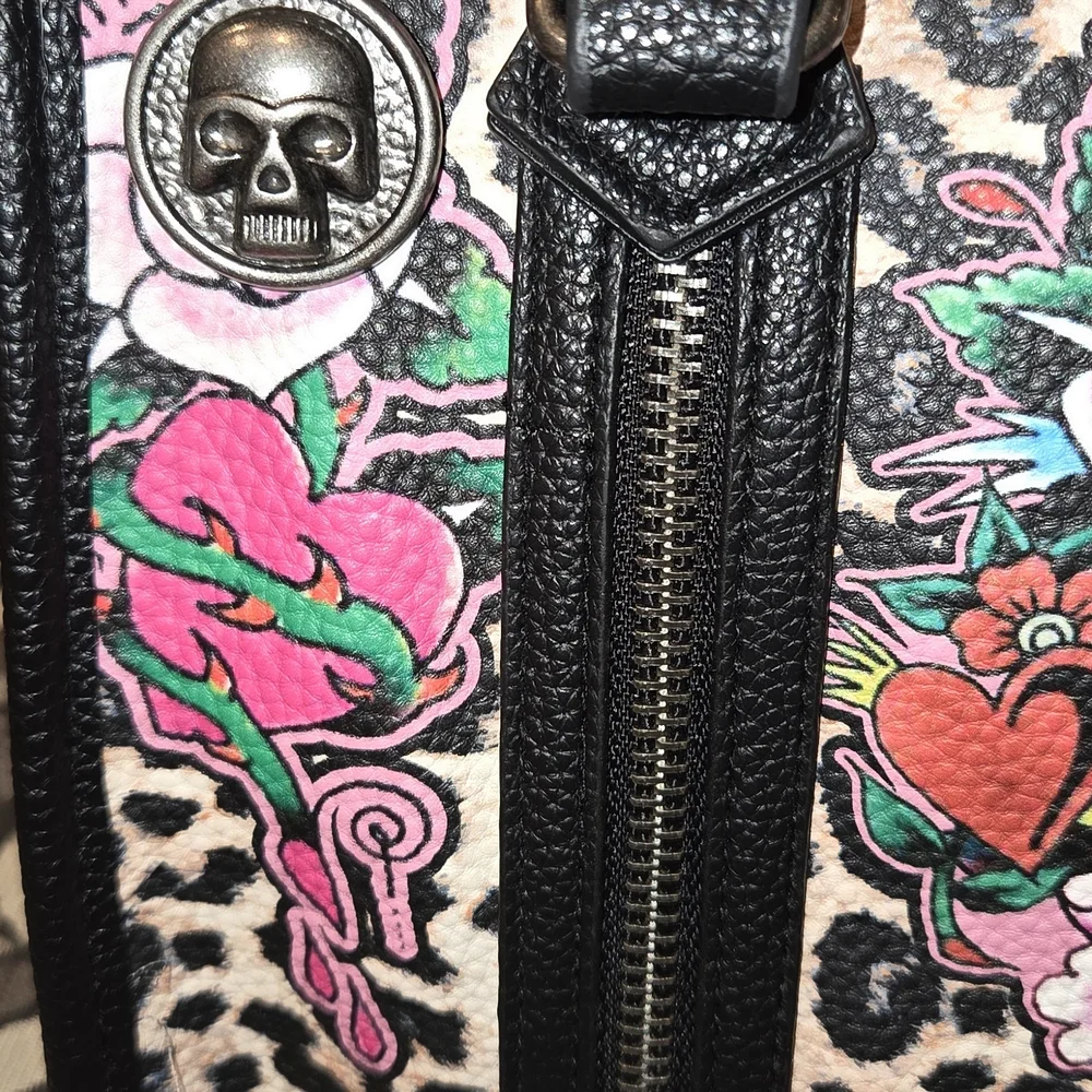 Ed Hardy Satchel Bag In Cheetah with Floral Skull Design, NWT - Picture 4 of 8
